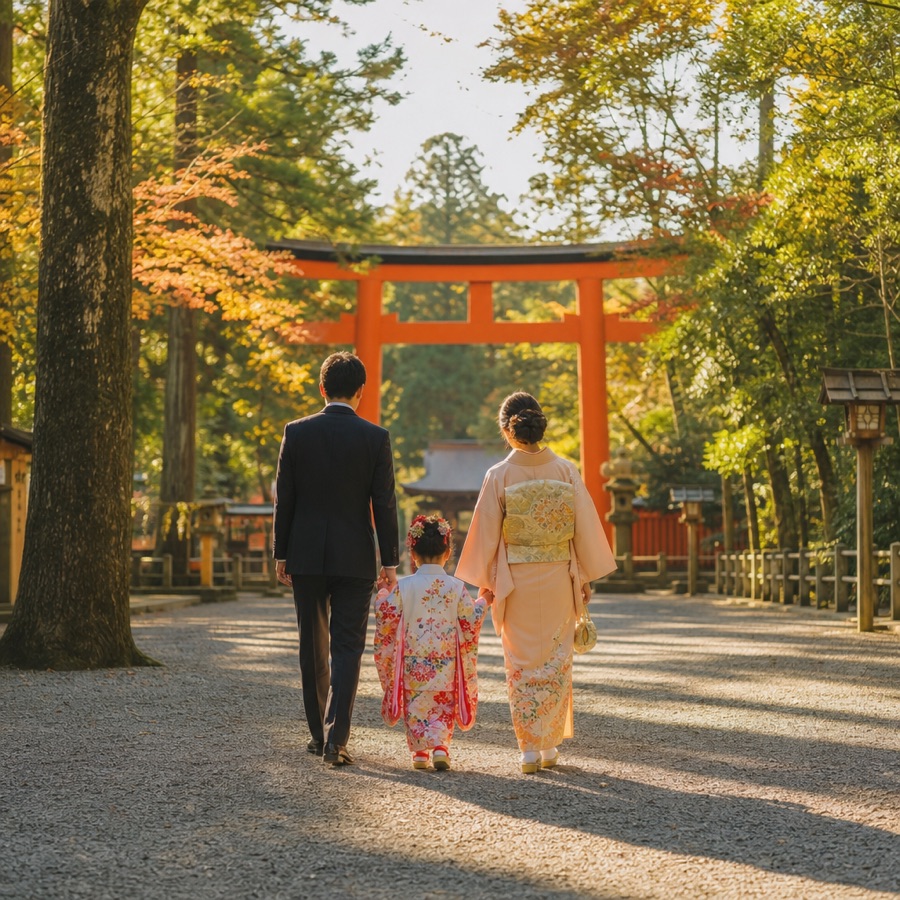 七五三の着物姿の子どもと両親が、朱の鳥居に向かって参道を歩く後ろ姿