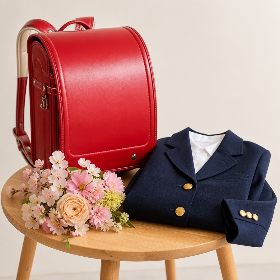 ランドセルと制服、花束を並べた入学記念の撮影用の設え