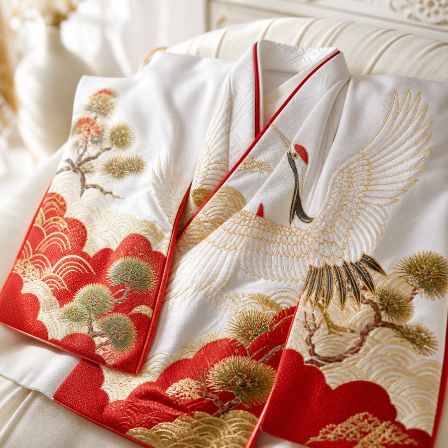 鶴と松の刺繍が入った、お宮参りの祝い着