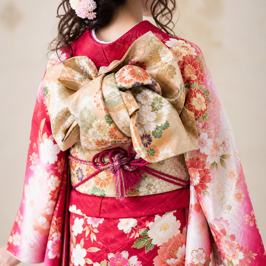 振袖の帯結びと袖の柄を後ろから写した写真
