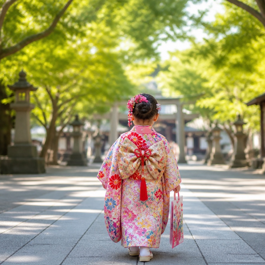 七五三の着物姿で参道を歩く子どもの後ろ姿