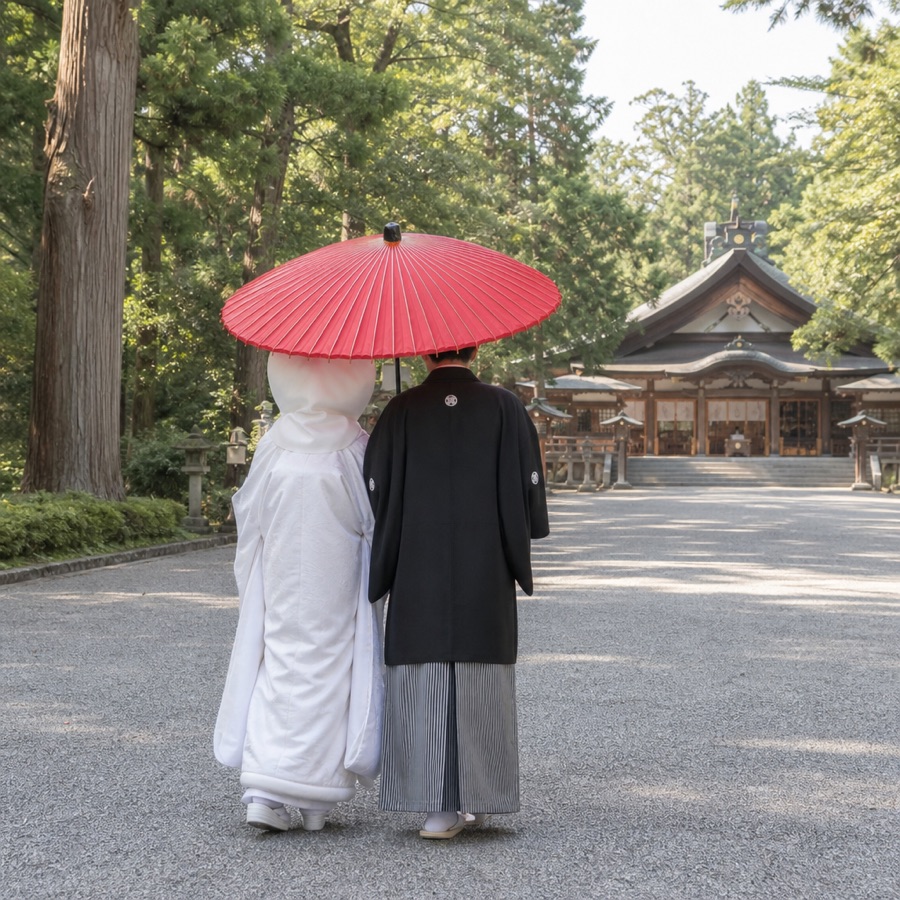 白無垢と紋付袴の新郎新婦が和傘をさして神社の参道を歩く後ろ姿